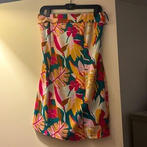Strapless tropical print mini dress